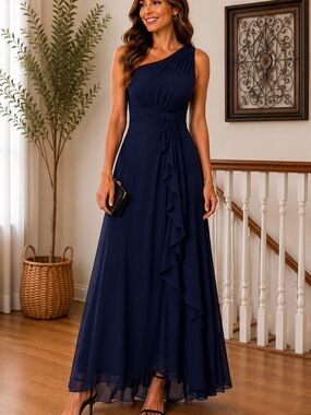 JAKIPPY Navy Blue One-Shoulder Formal Maxi Dress Size 10 NWT